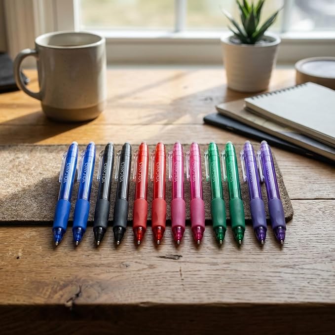 Volcanics Retractable Clicker Erasable Gel Pens 12 Pack, 6 Bright Colors, 0.7mm Fine Point Gel Ink Pens, Smooth & Refillable for Home and Office