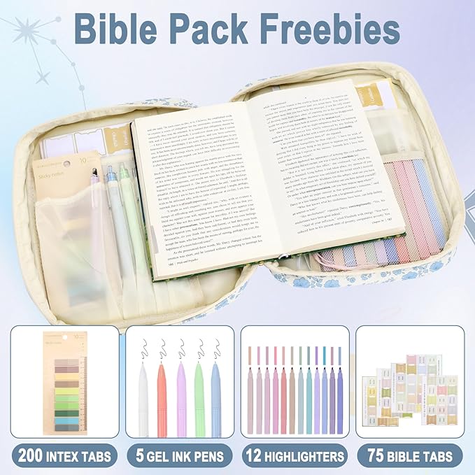 Zkptops Bible Cover Case for Women Girls Large Bible Bag Blue Cotton Quilted Floral Bible Carrying Case with Zipper Pocket and Handle Carrying Book Cover for Christian Study Supplies Christian Gift