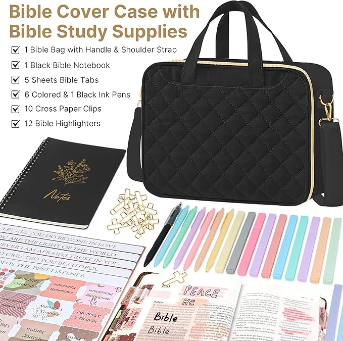 PUGPIU Bible Cover Case for Women, Large Quilted Bible Bag with Shoulder Strap and Handle, Bible Study Supplies Journaling Kit with Highlighters Pens No Bleed Tabs Notebook Cross Clips (Black)