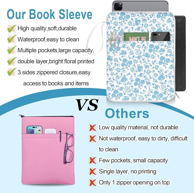 Blue Floral Bible Book Sleeve with Zipper,12"x 9" Padded Protector Washable Book Covers,Books Pouch with Handle Pockets,Travel Book Carrying Case for Books Lovers Paperback,Mother's Day Christian Gift