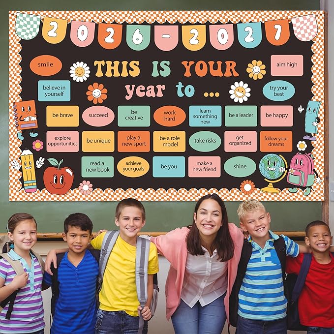 This is Your Year Bulletin Board Set Classroom Decoration Hippie Retro New Year Bulletin Board Set Welcome Back to School Theme Cutouts for School Office Chalkboard Wall Learning Activities Decoration