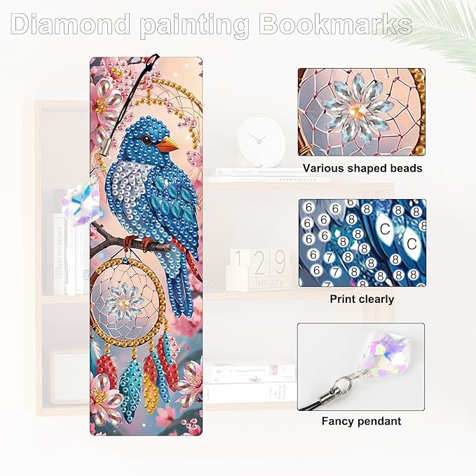 4 Pcs DIY 5D Diamond Painting Bookmark Kits for Adults, Acrylic Crystal Rhinestones Book Marks, Dreamcatcher Bluebird Diamond Art Bookmarks with Crystal Pendant, Handmade Tassel Bookmarks Gift Set