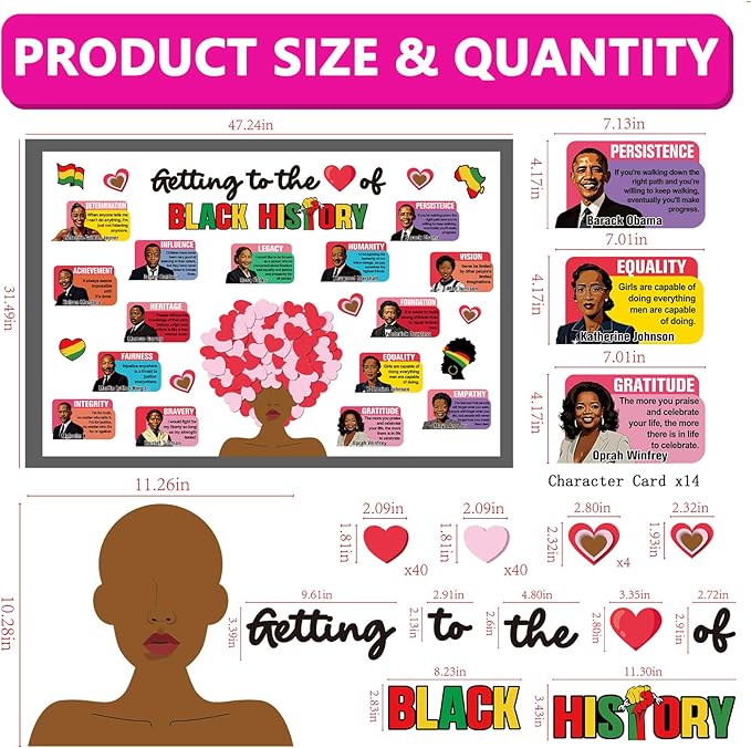 Black History Month Bulletin Board Decoration Valentine's Day Bulletin Board Set African American Cutouts Decorations February Heart Craft Cutouts for School Classroom Office Door Wall Decor Supplies