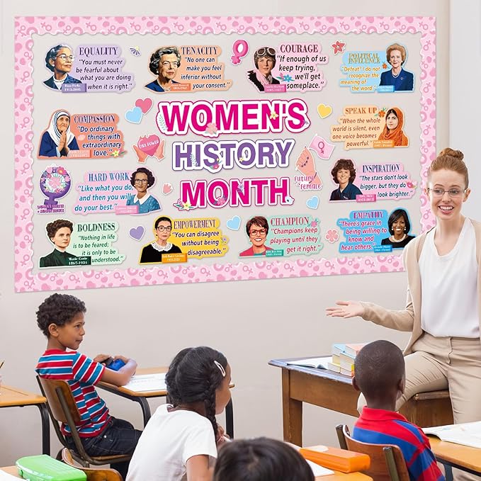 Women’s History Month Bulletin Board Set Famous Women in History Classroom Decoration Inspirational Bulletin Board Women Positive Quotes Cutouts for March Classroom School Office Chalkboard Wall Decor