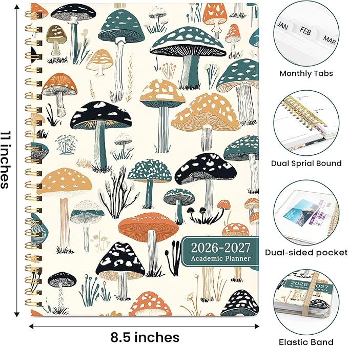 Academic Planner 2026-2027, Weekly and Monthly Calendar Book, July 2026 – June 2027, Hardcover Planner with Tabs, Perfect for Teachers, Students, Women & Men, A4 (8.5" x 11") - Mushrooms Grovel