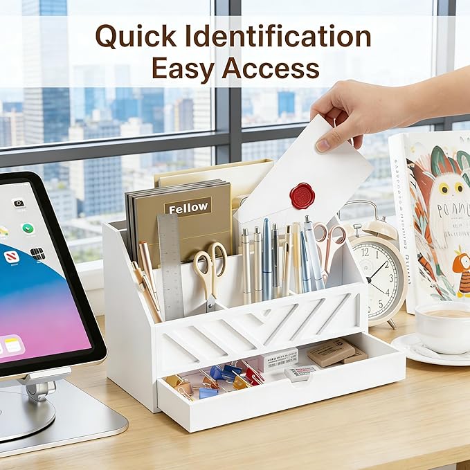 SRIWATANA White Mail Organizer Countertop, 5 Slots Mail Holder with Drawer, Office Desk Organizer, Letter Sorter File Bill Holder Paper Storage for Home Office School