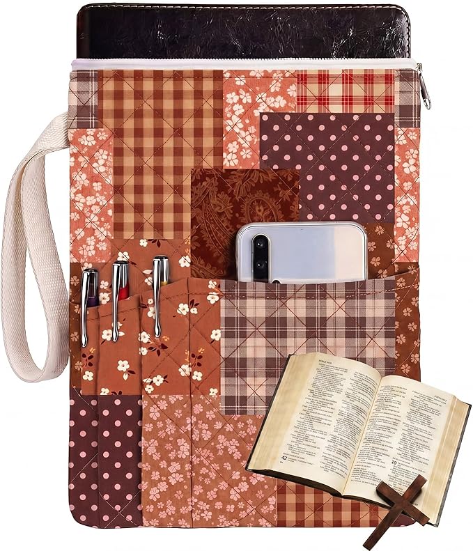 Gilprop Bible Book Sleeve with Zipper 11" x 9" Padded Protector Washable Quilted Book Covers Printed Bible Pouch with Handle Pockets Protector for Books Lover Christian Gifts (Brown Spliced Style)
