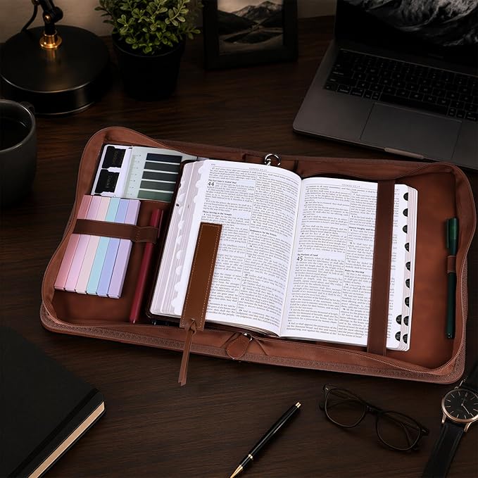 XKDOUS Bible Cover Case Leather Book Carrying Case Large Bible Bag Organizer with Cross, Handle, Pens, Tabs, Study Supplies Journaling Kit Father Day Christian Gifts for Dad, Mom, Men, Women