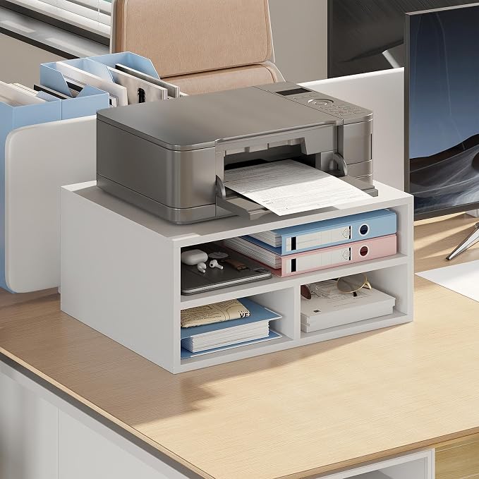 Desktop Printer Table with Storage, 2 Tier Printer Stand for Desk, Desk Organizers and Accessories for Home Office, White