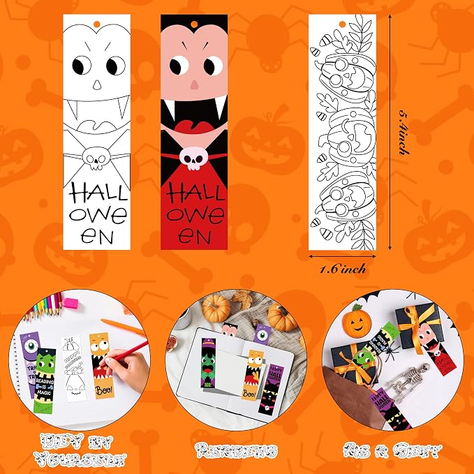 75Pcs Halloween Color Your Own Bookmarks, Kids DIY Coloring Blank Bookmarks Halloween Party Game Prize Art Craft Supplies for Teachers Students Fillers Classroom Reading Club Rewards Book Decor