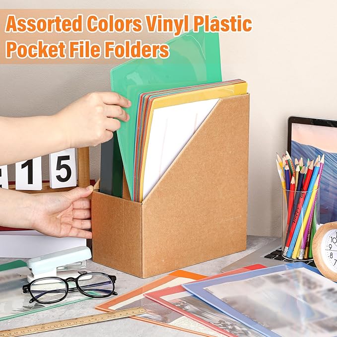 Kisston 25 Pack Heavy Duty Vinyl Plastic Folders with Clear Front Pocket File Jackets, Three Sided Closed, Letter Size Plastic Folders for Documents, 11.75 x 9.25 Inch (5 Colors)