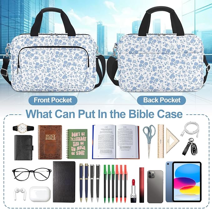 Floral Bible Cover Case for Women Girls,Bible Carrier,Bible Bags for Women Organizer,Bible Holder with Shoulder Strap,Handle,Bible Study Supplies Kit with Highlighters,Tabs,Pens,Christian Gift Blue