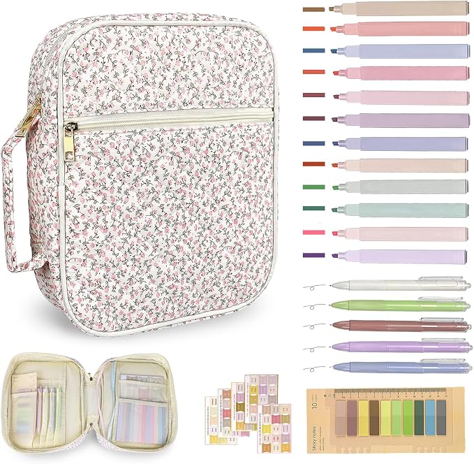 Bible Cover Case for Women,Bible Study Supplies Accessories,Bible Journaling Kit,Pink Flower Carrying Case with Highlighters