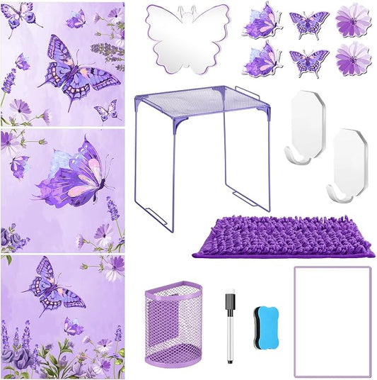 18 Pcs Purple Butterfly Locker Accessories Kit for Girls Back to School Essentials with Magnetic Wallpaper Shelf Mirror Pen Holder Dry Erase Pen Rug Nails Locker Decorations for Office School Supplies