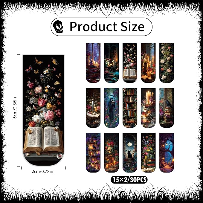 30 Pcs Dark Academia Magnetic Bookmarks, Romantasy Gothic Book Mark Clips, Horror Magnet Book Markers for Reading Women, Bookish Gifts for Book Lovers Halloween School Office Supplies