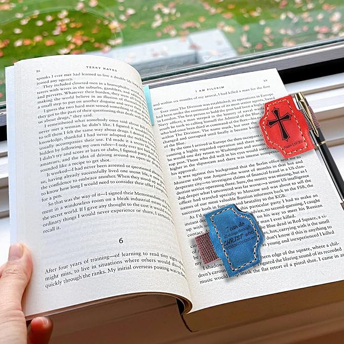 Personalized Magnetic Bookmark with Pen Holder, Bible Verse Scripture Design, Custom Leather Bookmark Bible Study Supplies for Women Men, Christian, Book Lovers Gifts (Coffee, Cross)