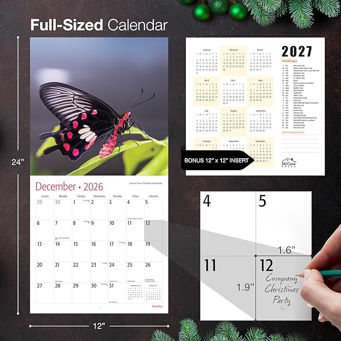 MICASA PRESS Butterflies 2026 Wall Calendar 12 Month | 12" x 24" Open | Thick & Sturdy Paper | Giftable | Animal Calendar 2026