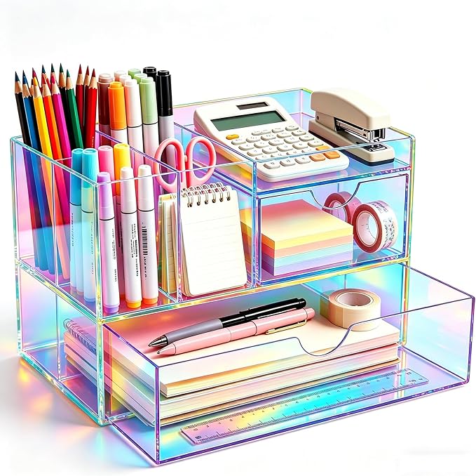 Desk Organizer with Drawers Acrylic Desktop Organizer Pen Holder Caddy for Office Supplies Makeup Organizer for Vanity, Iridescent