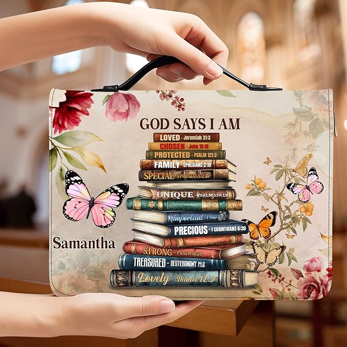 Personalized Man of God Bible Cover, God Says I Am Bible Case PU Leather, Bible Holder Handle Zipper, Faith Scripture with Name Case Bag, Religious Gifts for Church Christians Women Men (GOD-11)