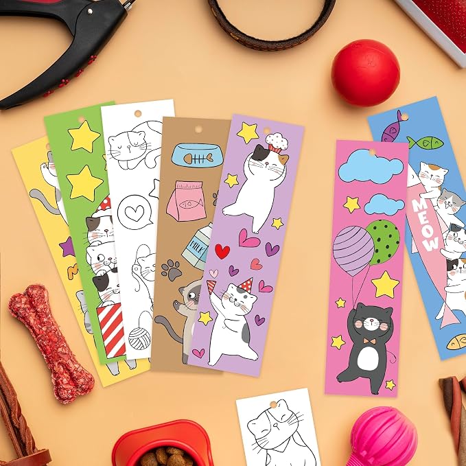 ANGOLIO Cat Coloring Bookmarks for Kids - 123Pcs DIY Blank Bookmark Set for Art Crafts, Classroom Rewards, Party Favors Creative Animal Bookmark Activity for School, Birthday Gifts, Goodie Bag Fillers