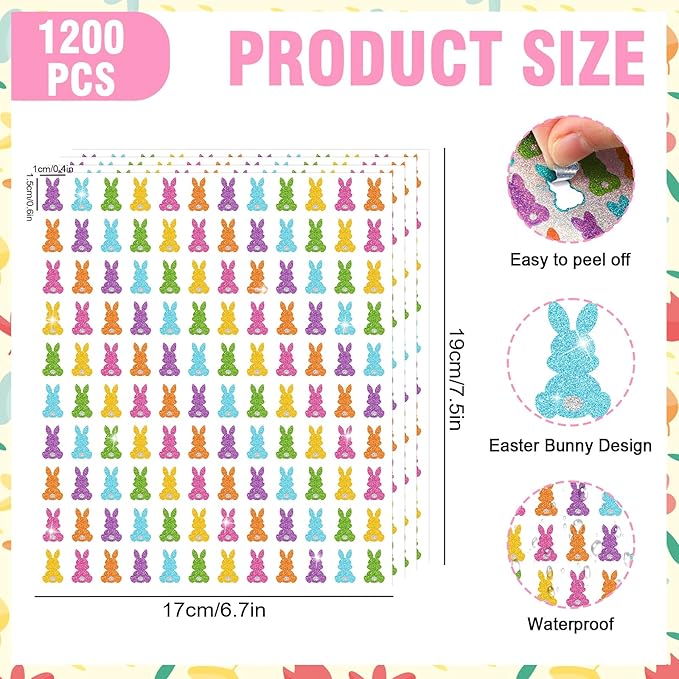 Whaline 1200Pcs Easter Mini Holographic Stickers Self Adhesive Stickers Sparkly Bunny Rabbit Spring Label Decals for Craft Scrapbook Envelope Card Teacher Reward, 10 Sheets