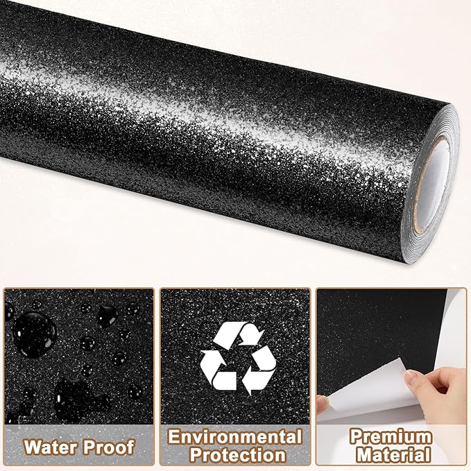 Glitter Bulletin Board Paper Roll Sparkle Wrapping Paper Bulletin Board Decor Glitter Poster Gift Wrapping DIY Art Crafts Wallpaper Background for Home Office Classroom Decor 17" x 20ft, Black