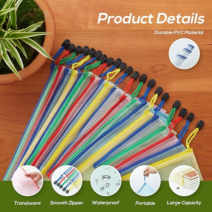 Mesh Zipper Pouch, 20PCS Waterproof Zipper Bags 4 Sizes 5 Colors Document Folders for School Supplies, Office Appliances, Home Organize and Travel Storage
