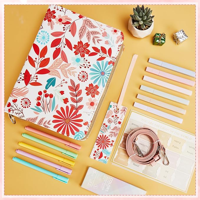 19PCS Idyllic Flower Leather Bible Cover for Women Floral Bible Cover Cases for Teen Girls Christmas Gift Christian Church Carrying Bag Journaling Kit with Shoulder Strap Highlighter Pens Book Marker