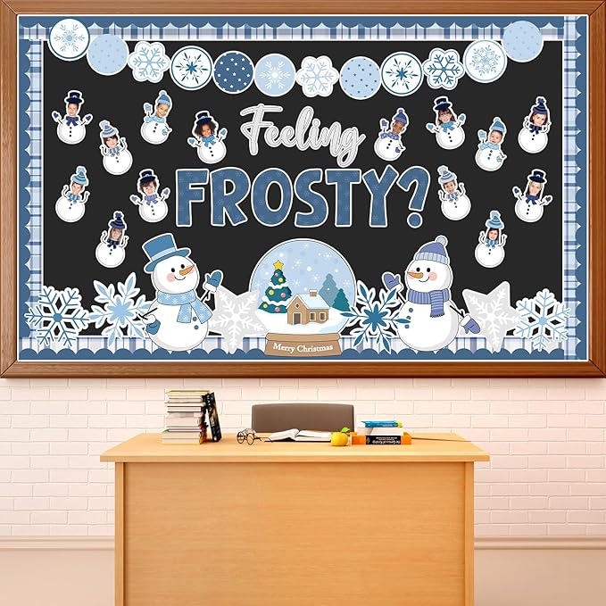 Justforjoyful Winter Bulletin Board Decoration Winter Snowman Cutouts DIY Photo Crafts Christmas Snowflake Cutouts Bulletin Board Set for Holiday Xmas Chalkboard Wall Classroom Decor School Supplies