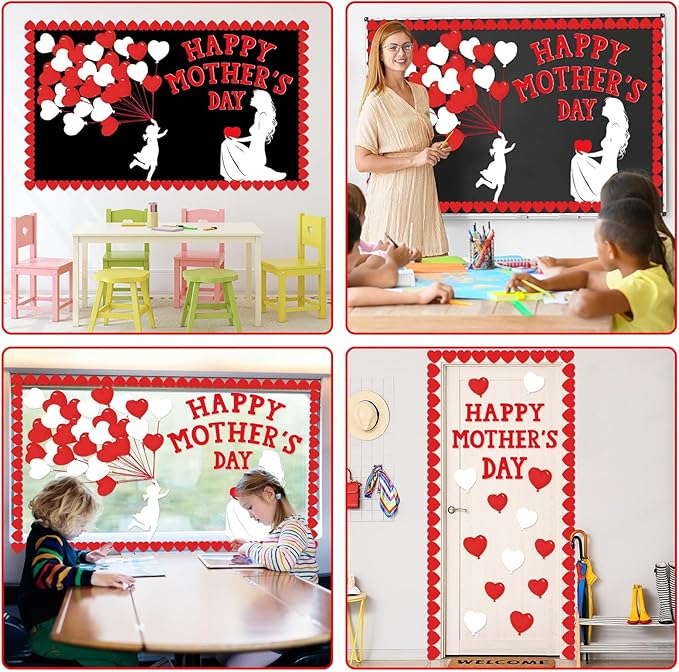 QOUBAI Mother's Day Bulletin Board Set Happy Mother's Day Classroom Bulletin Board Decorations Mother Child Silhouette Cutouts DIY Craft Decor for Preschool Nursery Toddler Kids Decor Wall Door