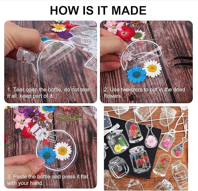 40PC Large Size Bookmark, Flower Page Clips Bookmarks, Children Gifts Handmade DIY Transparent Beautiful Flower Page, Glass Bottle Wishing Bottle Stickerr