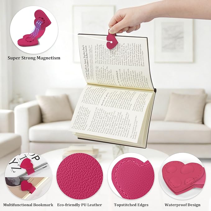 2Pcs Magnetic Leather Heart Bookmarks with Pen Holder, Cute Book Markers Clip with Gift Box, Reading Accessories for Book Lovers Women Teachers Students, Rose Red