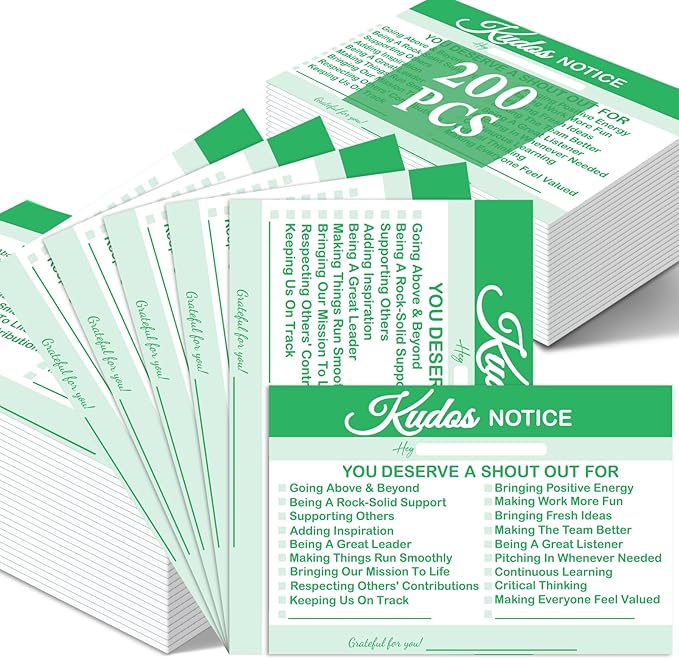 Motiskyy 200 Count Kudos Cards Positive Shout out Cards for Staff Teachers Students Employees Office Appreciation Green Recognition Reward Card for Class School or Work Bulletin Board