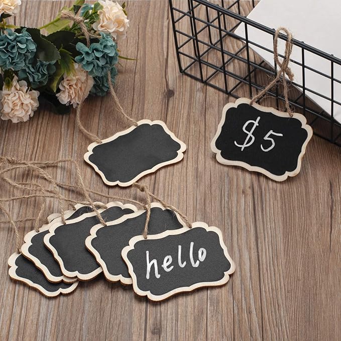 20 Pack Chalkboard Tags with Hanging String, Double Sided Blackboard Wooden Mini Chalkboard Signs, Erasable Message Board Signs for Wedding or Party Decorations, Food Tags