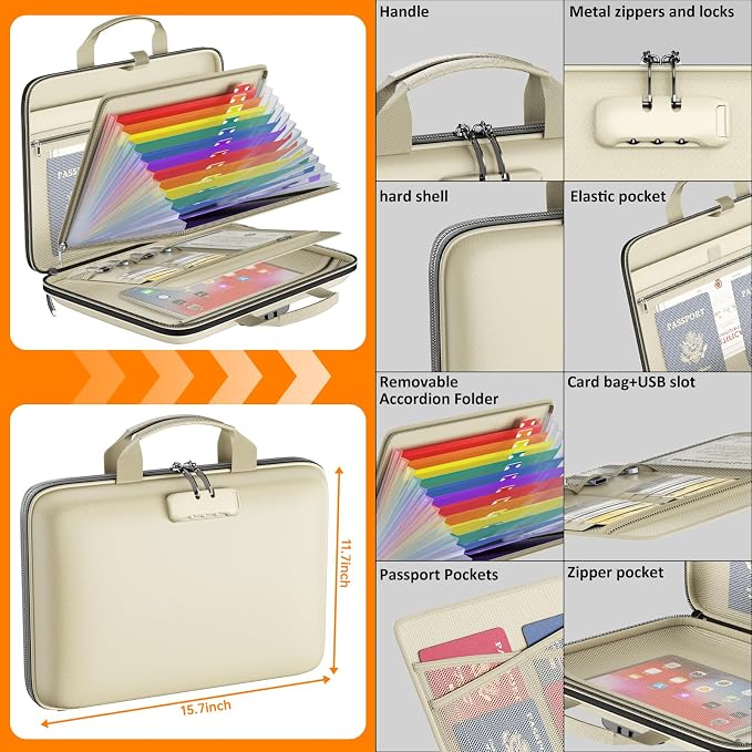 Fireproof File Organizer with Lock, Hard Case Fireproof Document Box with 13 Colorful Pockets Accordion File Folder, Important Document Organizer for Letter A4 Files Laptop Passports (Beige)