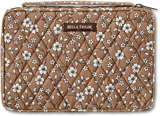Bella Taylor Small Bible Cover for Women - Quilted Cotton Bible Case for 6 x 9 inch Books - Vintage Vine Brown
