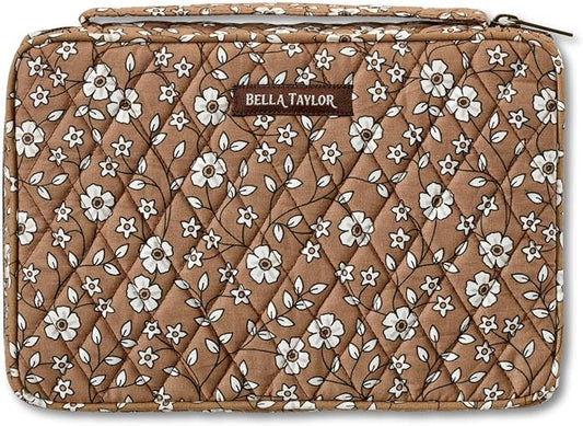 Bella Taylor Small Bible Cover for Women - Quilted Cotton Bible Case for 6 x 9 inch Books - Vintage Vine Brown