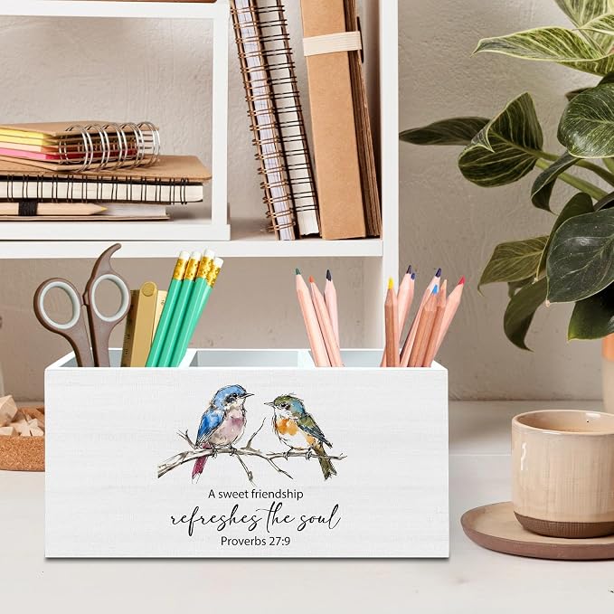 DILSJ Christian Bird Pen Pencil Holder Organizer for Desk, Christian Friendship Gifts for Women, A Sweet Friendship Refreshes the Soul Wooden Box Signs for Home Office Desk Decoration Supplies