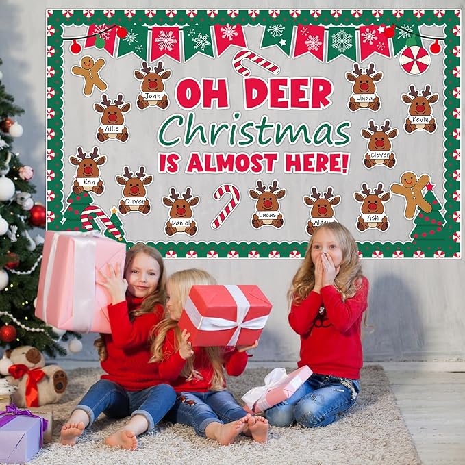 Justforjoyful Christmas Bulletin Board Decoration Christmas Deer Classroom Bulletin Board Set Xmas Reindeer Name Tag Snowflake Candy Cutouts for School Chalkboard Wall Winter Holiday Party Supplies