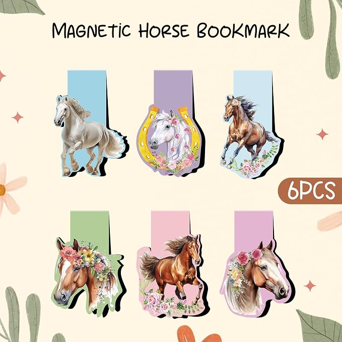 Flower Horse Magnetic Bookmarks - Irregular Shaped Horse Bookmark 6 Pack Magnet Animal Paper Markers Page Clip Set Children Women DIY Gifts for Reading Libros Book Office Classroom Supplies