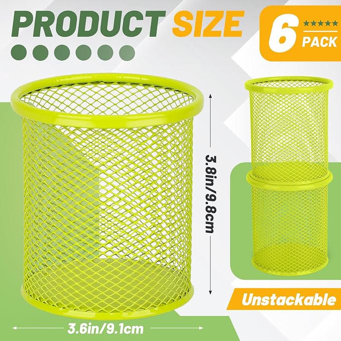 Segarty Pen Holder, 6 Pack Round Light Green Pen Cup Holder, Wire Mesh Marker Pencil Containers Set for Desk, Desktop Accessories Organizer Office Supplies, School, Home, Makeup Brush
