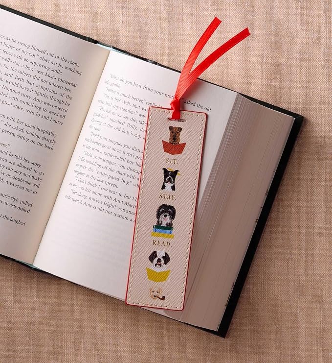 RIFLE PAPER CO. Studious Dogs Bookmark 6" L x 1.75" W, Saffiano PU with a Grosgrain Ribbon, Metallic Gold Foil Logo, Perfect for Book Lovers, Writers, & Readers