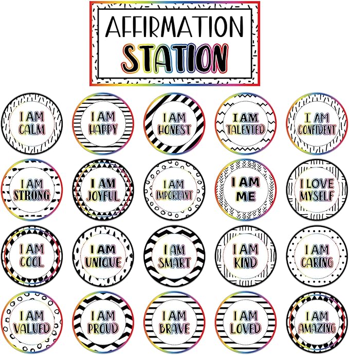 Affirmation Station Bulletin Board Set Composition Positive Bulletin Board for Classroom Growth Mindset Decor Polka Dots and Stripes Inspirational Motivational Accent Cutout for Home School Teacher