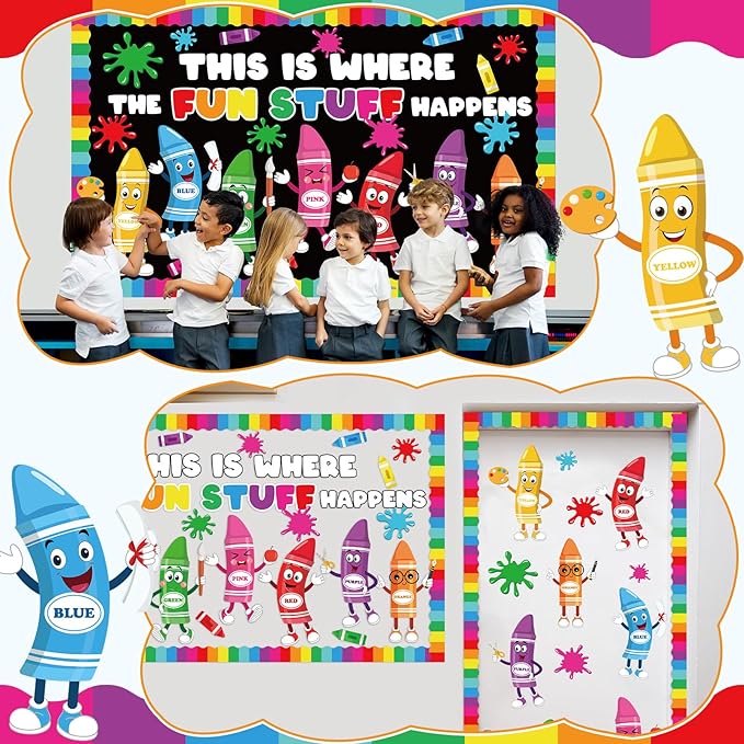gisgfim Color Crayon Bulletin Board Decorations Set This is Where The Fun Classroom Decor Colorful Crayons Paper Cutouts Back to School Bulletin Board Decor for School Home Chalkboard Wall