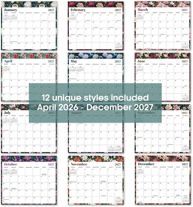 Aesthetic 2026-2027 Magnetic Calendar for Refrigerator, 21-Month Fridge Calendar Magnet from April 2026 to December 2027, Easy Organizing，Floral Luxe