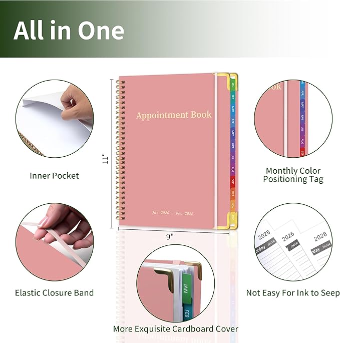 Appointment Book 2026 with Colorful Tabs ,Hardcover Weekly & Monthly Appointment Planner from Jan 2026-Dec 2026 ,Daily 7AM - 10 PM Hourly Schedule Planning for Salon,Client,12 Monthly Calendar 9" x 11", Pink