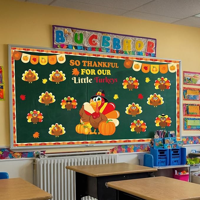 Thanksgiving Fall Bulletin Board Decorations – DIY Turkey Photo Crafts with Pumpkin “So Thankful for Our” Paper Cutouts Set for School, Classroom, Autumn Wall Door