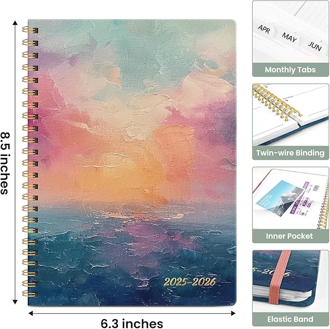 Planner 2025-2026, Academic Year Monthly and Weekly Calendar Planner, Jul 2025 - Jun 2026, Hardcover Teacher Student Planning Agenda book with Tabs, Perfect for School Office Supplies , 6.3" x 8.5" - Sunsets