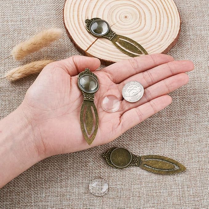 FASHEWELRY 5 Sets Antique Bronze Bookmark Pendant Tray Kit Include 18mm Round Blank Bezel Base Setting Charms with 10Pcs Clear Glass Dome Tiles Cabochons