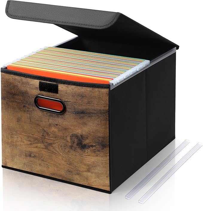 Cinnvoice File Organizer Box with Wood Grain Pattern, Hanging Collapsible File Storage Bins with Lid Plastic Slides for School Classroom Office Organizer, Rustic Brown Desk Storage